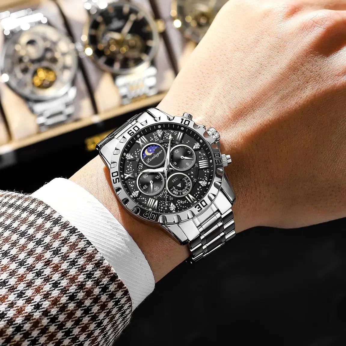 POEDAGAR montre de luxe homme étanche lumineux en acier inoxydable Quartz montre-bracelet pour homme