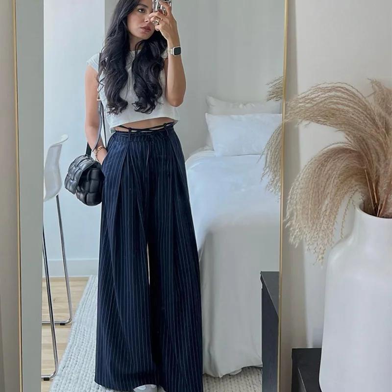 HXAO femmes pantalons Baggy pantalons larges pour femme minimaliste plissé rayure pantalons décontra