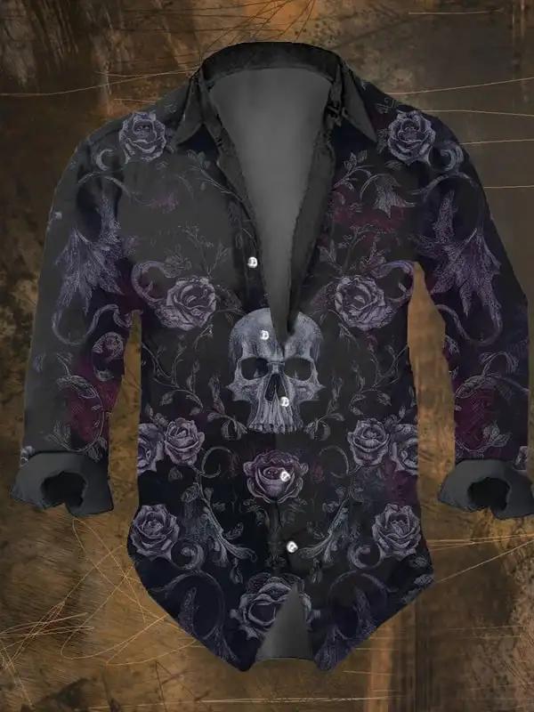 Chemise à manches longues décontractée noire à imprimé de crâne foncé vintage pour hommes d'Hallowee