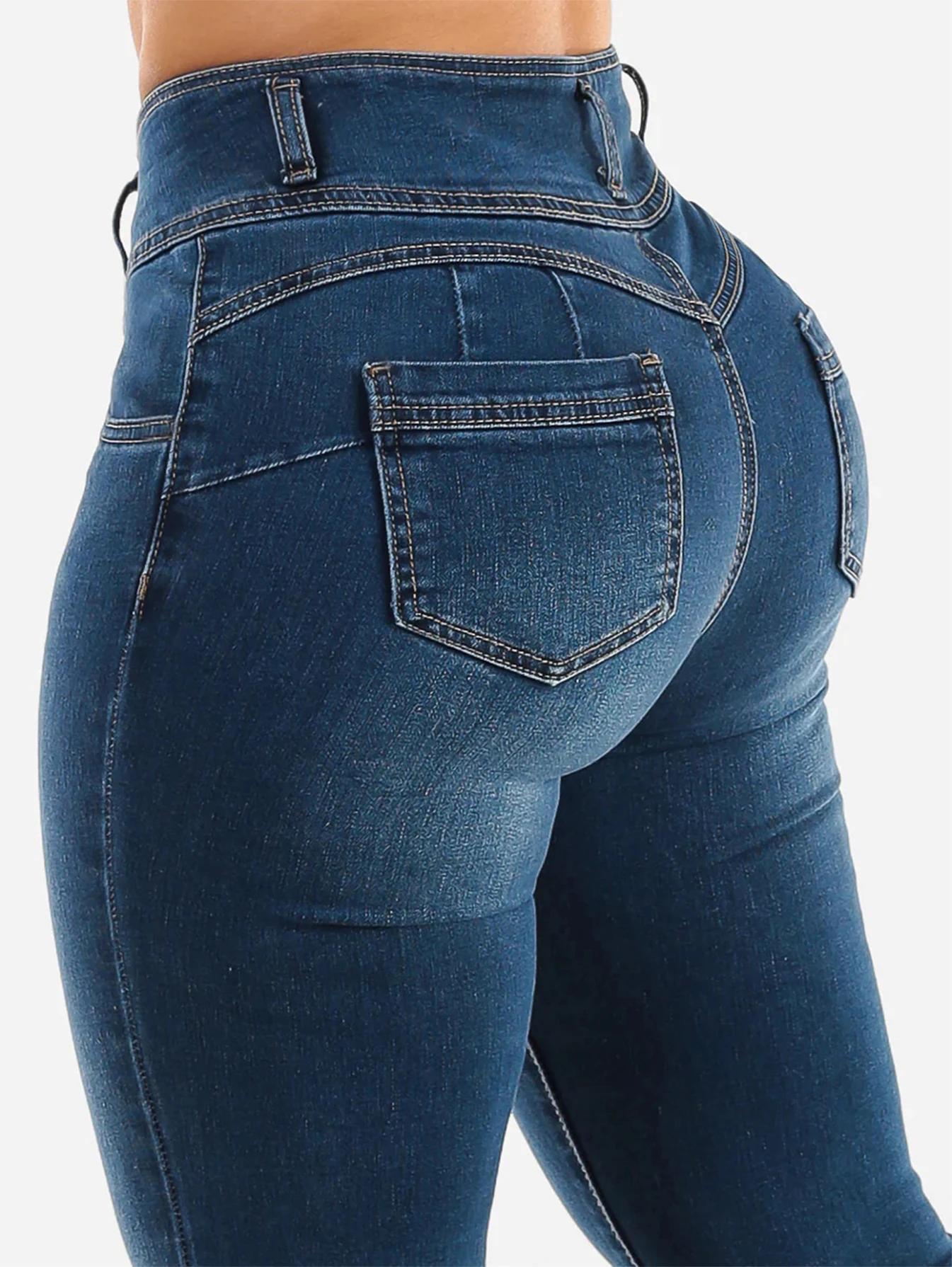Boutonné fermeture éclair ouverture lavable bleu taille haute minceur fesses-amélioration élégant et