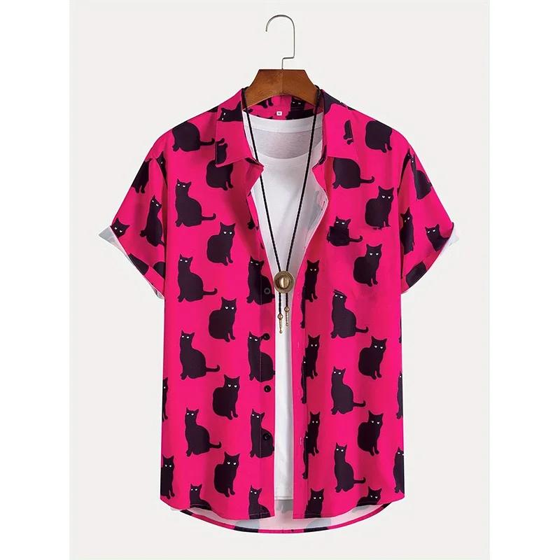 Été mignon chat imprimé chemise hommes décontracté à manches courtes hawaïen décontracté bouton reve