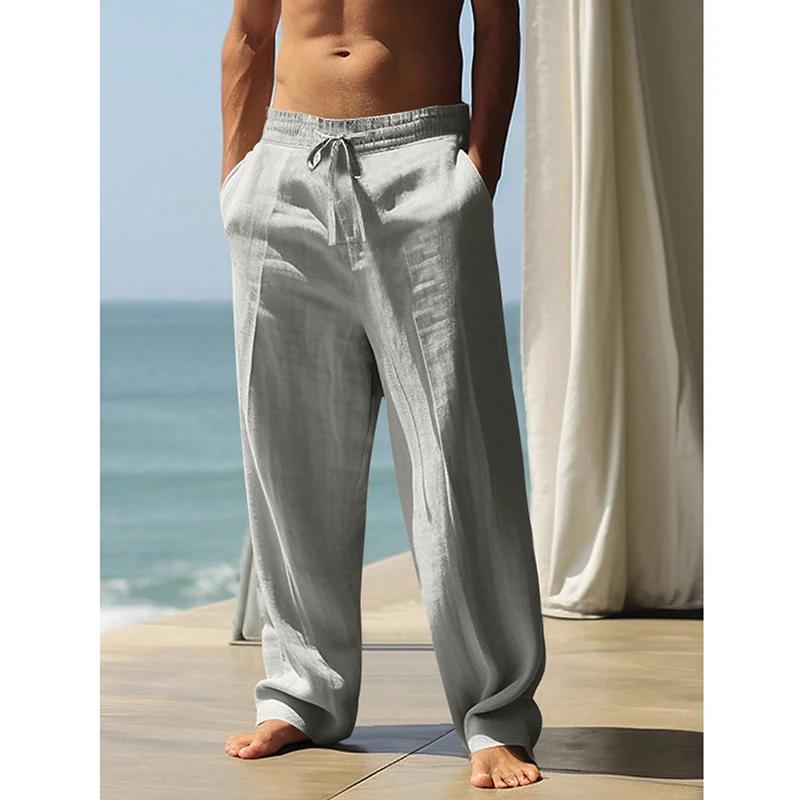 Pantalons de sport et de yoga pour hommes, printemps-automne, en tissu mélangé coton et lin, coupe a