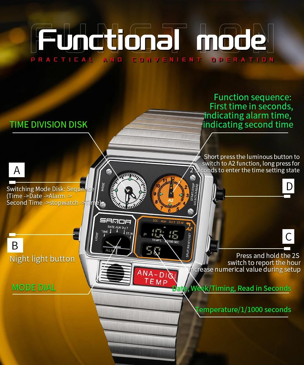 SANDA nouveau 3192 montre électronique carrée pour hommes LED étanche thermomètre chronomètre pour m