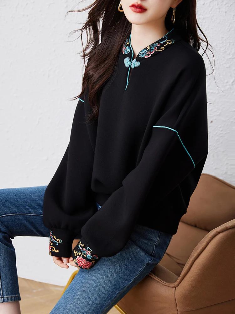 Sweat-shirt à capuche de style chinois pour femme, pull à la mode, décontracté, printemps-automne