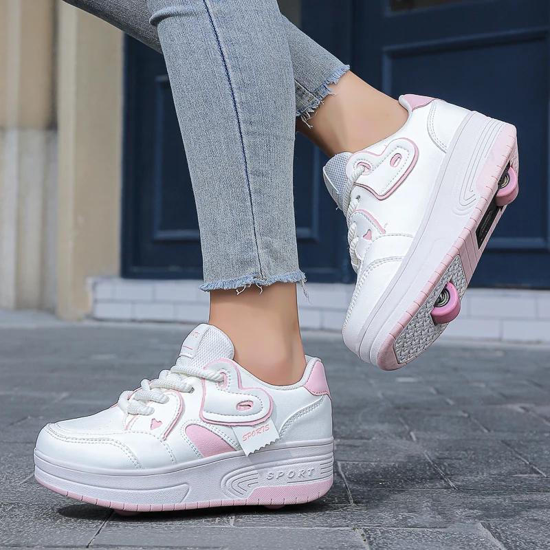 Chaussures de marche respirantes à lacets pour filles, patins de sport rétractables à deux roues pou