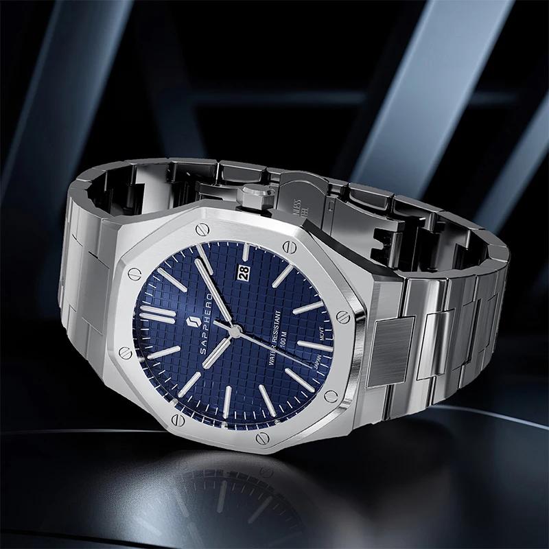 SAPPHERO montre pour hommes, bracelet en acier inoxydable, conception résistante à l'eau, calendrier