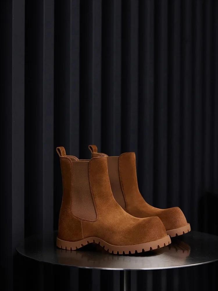 Bottines en daim marron et noir à bout rond large, à enfiler, avec sangle élastique, tendance automn