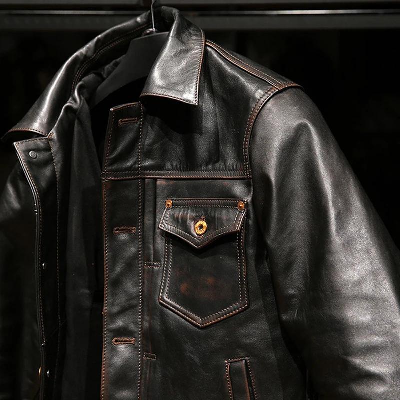 Veste vintage en cuir véritable pour hommes, vêtements de haute qualité, style coréen, Tea Core, rev