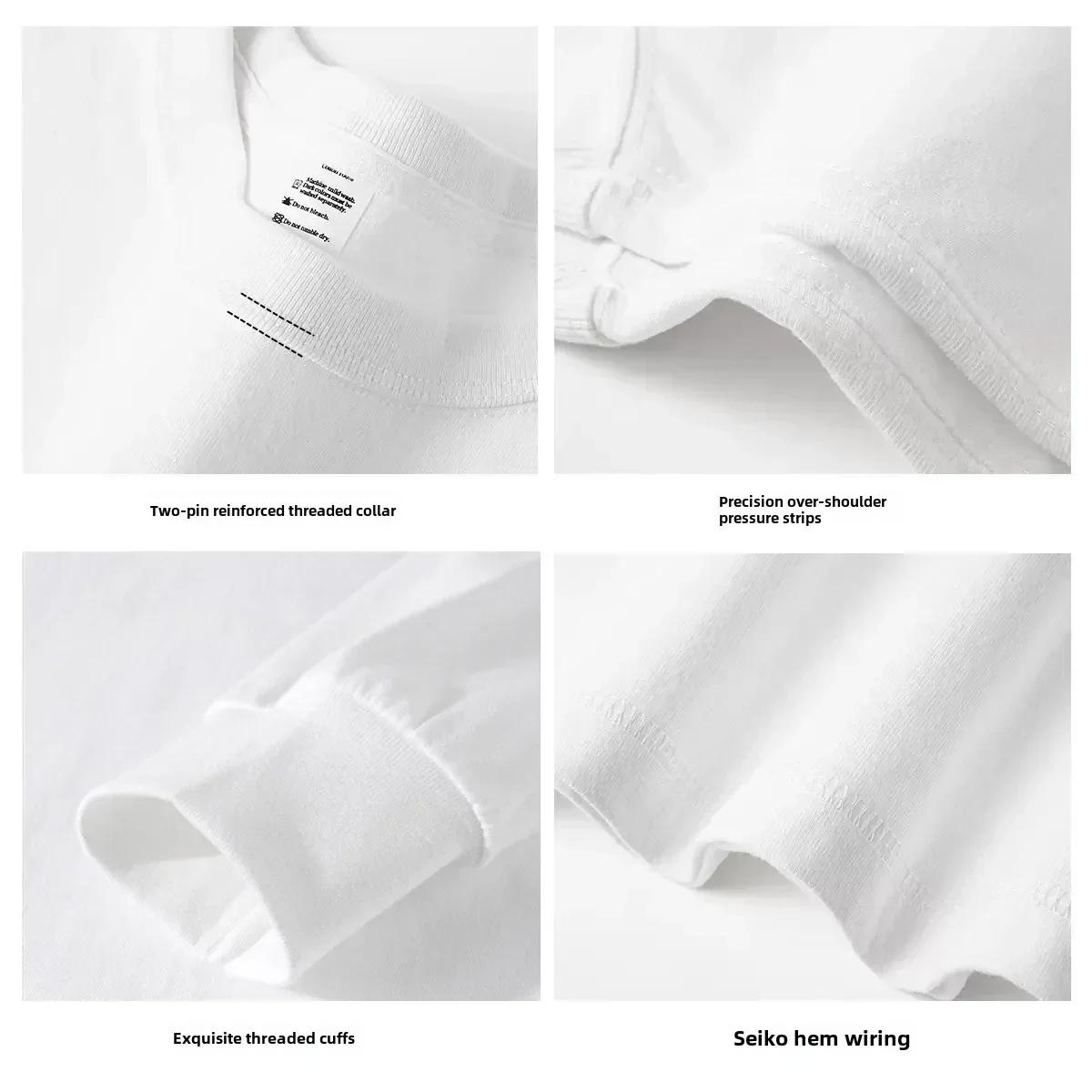 T-shirt à manches longues en pur coton robuste, 300g, haut blanc en peluche, couche de Base épaisse