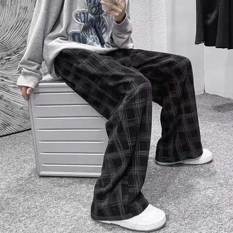 Printemps été velours côtelé Vintage Plaid pantalon hommes Streetwear jambe large Baggy pantalon Har