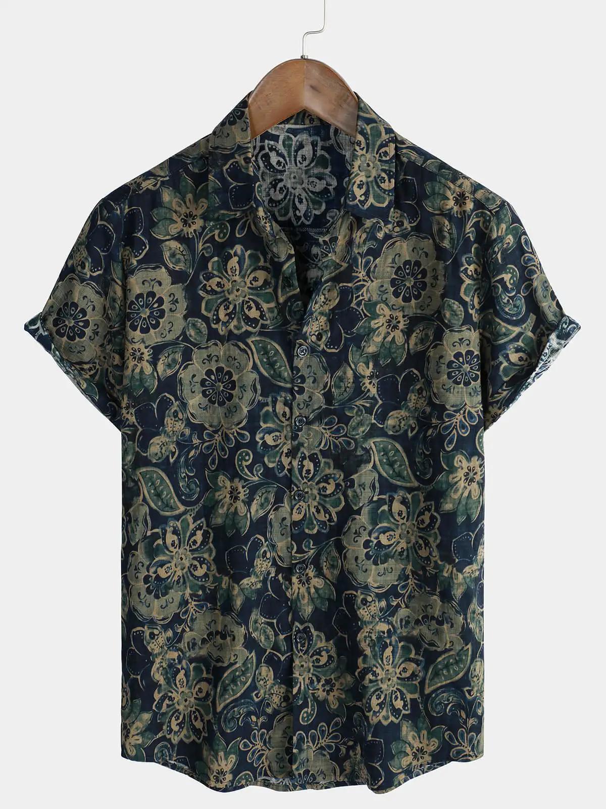 Chemise à manches courtes à imprimé floral rétro pour hommes chemise décontractée à revers simple bo