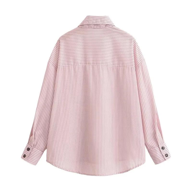 Chemise Femme Printemps 2026 Nouveau Style Rose Rayée Manches Longues Col Montant Boutonnage Simple 