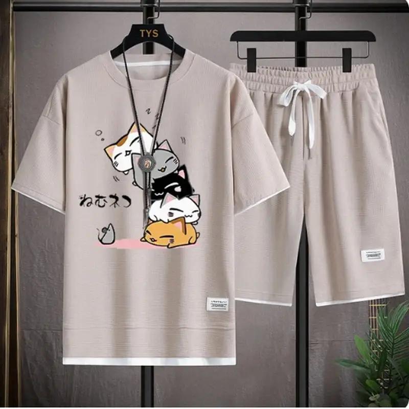 Ensemble gaufré d'été pour hommes, marque à la mode, t-shirt et short décontractés, ensemble de spor
