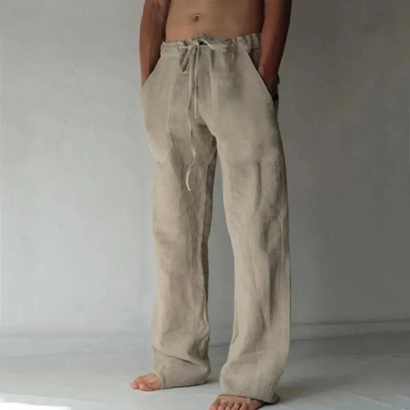 Pantalon Long en coton et lin pour hommes, couleur unie, respirant, décontracté, taille élastique, H