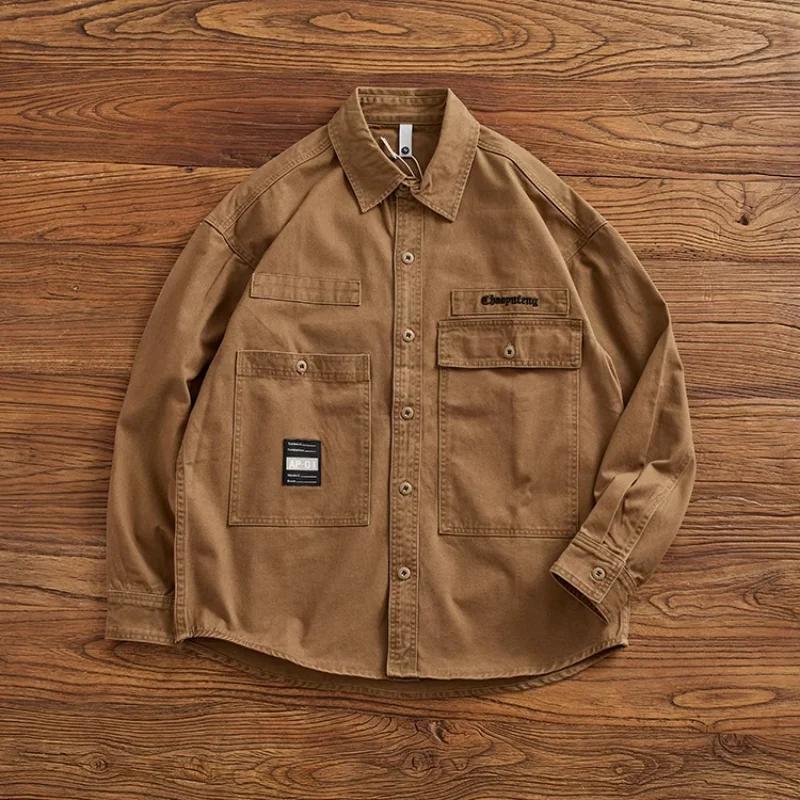 Chemise rapcargo à manches longues pour hommes, chemise rétro pour hommes, pur coton, manteau décont