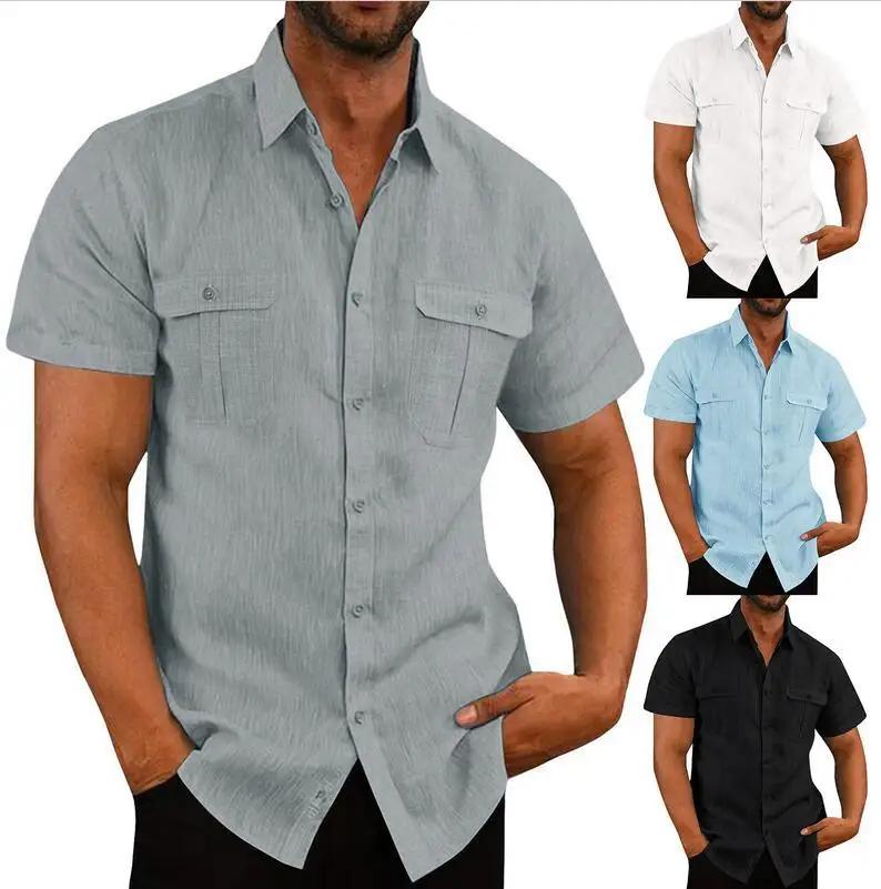 Chemises à manches courtes pour hommes en coton et lin, vente chaude, couleur unie, col confortable,