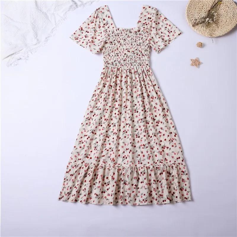 Printemps été robe en mousseline de soie femmes robes mi-longues femme à manches courtes taille élas