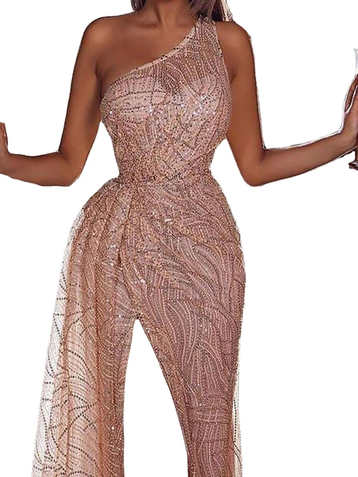 Women's Sexy Sequins One-shoulder Party Dress Bag Hip Skirt New Fashion Elegant Party Dresses Female