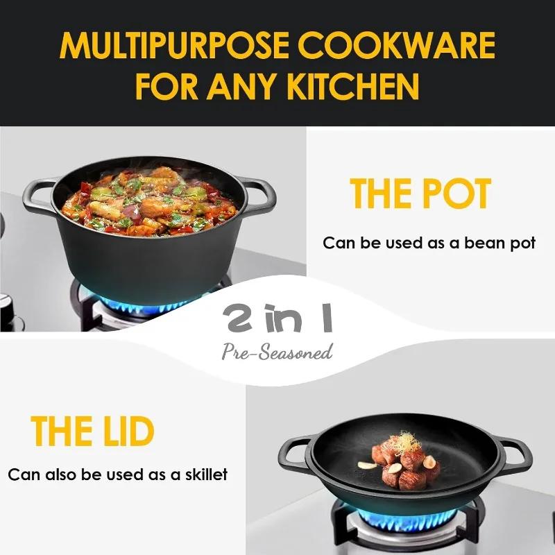 Four en fonte hollandaise pré-assaisonné 2 en 1, friture, cuisson, camping, barbecue, maison, 5QT