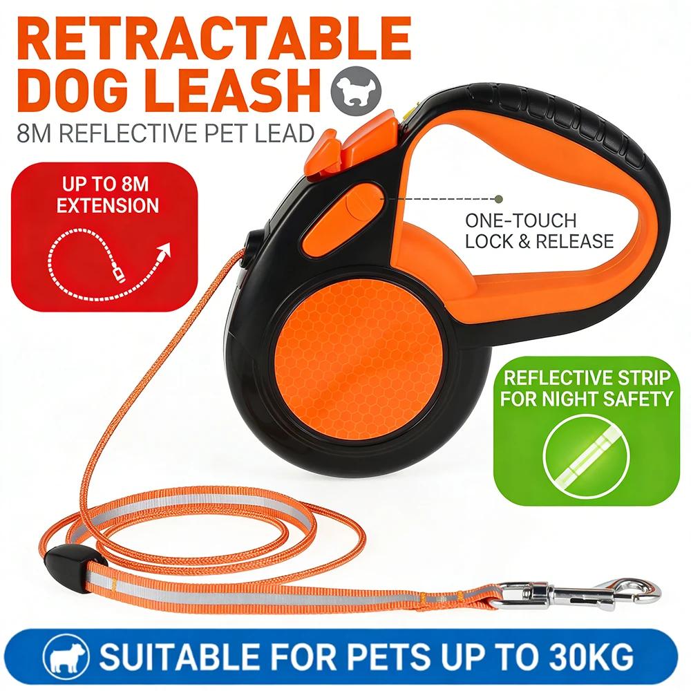 Laisse de marche rétractable pour animaux de compagnie, robuste, avec bande réfléchissante solide, p