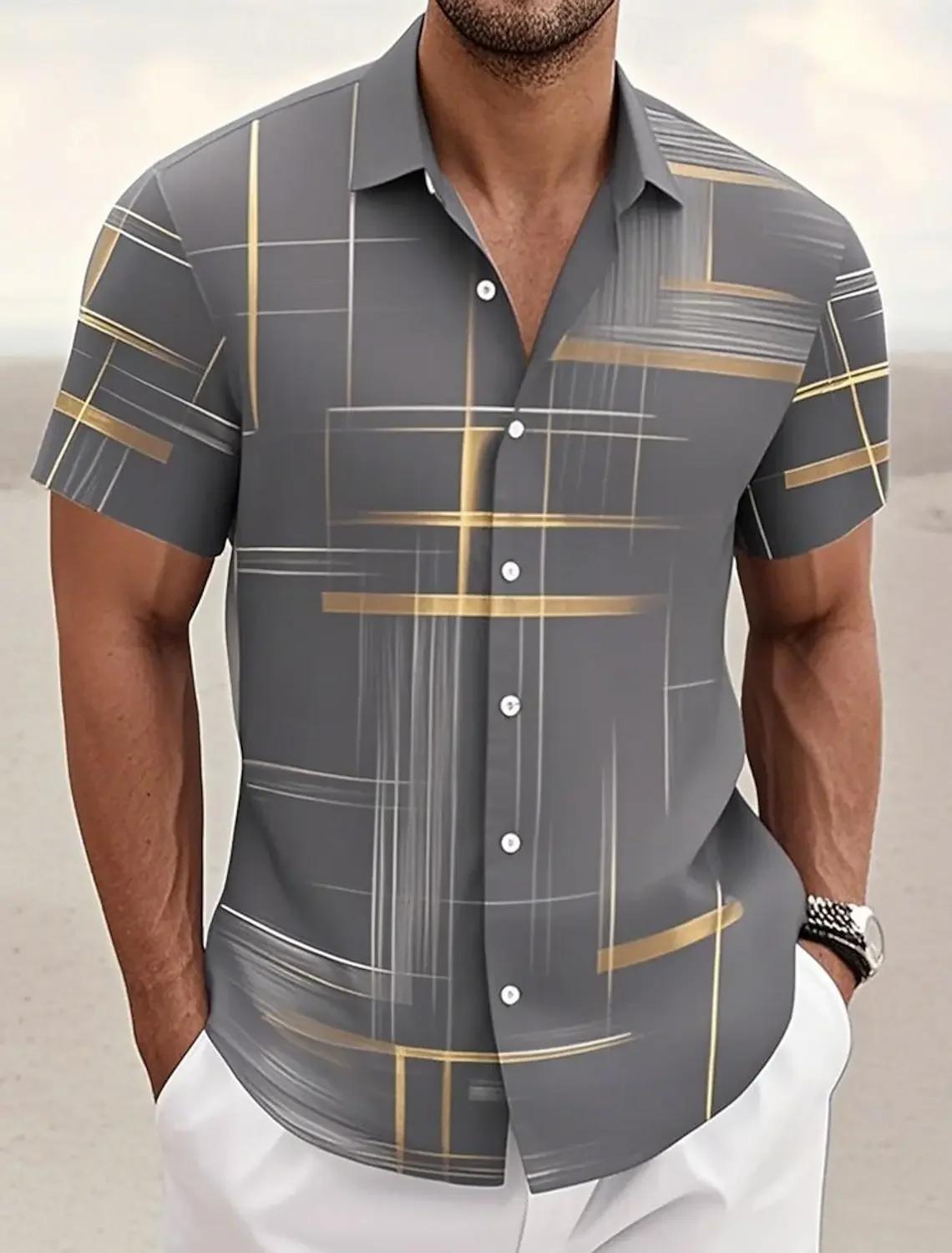 Chemises d'été à carreaux à grille géométrique pour hommes, chemise hawaïenne à manches courtes raba