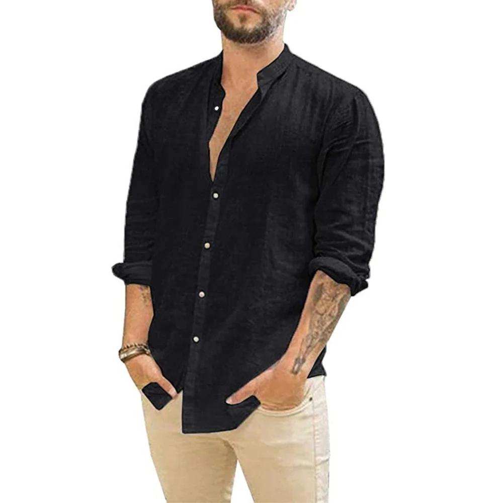 Chemises à manches longues pour hommes, en coton et lin, couleur unie, col montant, décontracté, Sty
