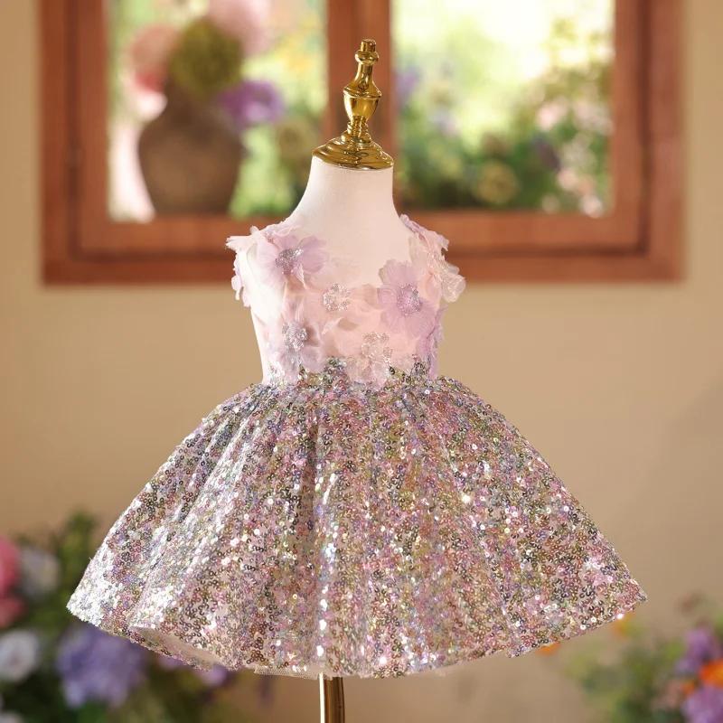 Robe pour filles haut de gamme léger luxe Niche enfants paillettes anniversaire premier anniversaire