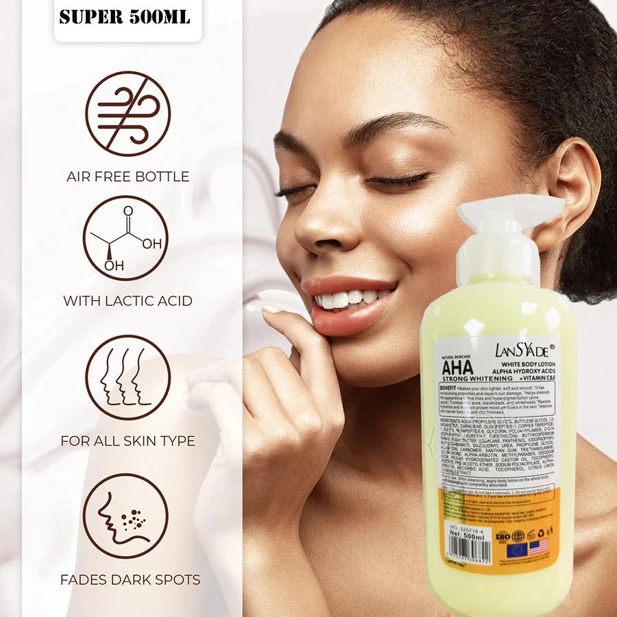 Lotion pour le corps blanchissante, acides hydroxy ALPHA + vitamine C & E, voir des résultats en 3 j