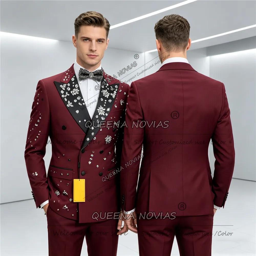 Costume de luxe bordeaux pour homme pour mariage, orné de pierres de joaillerie Black Label, blazer 