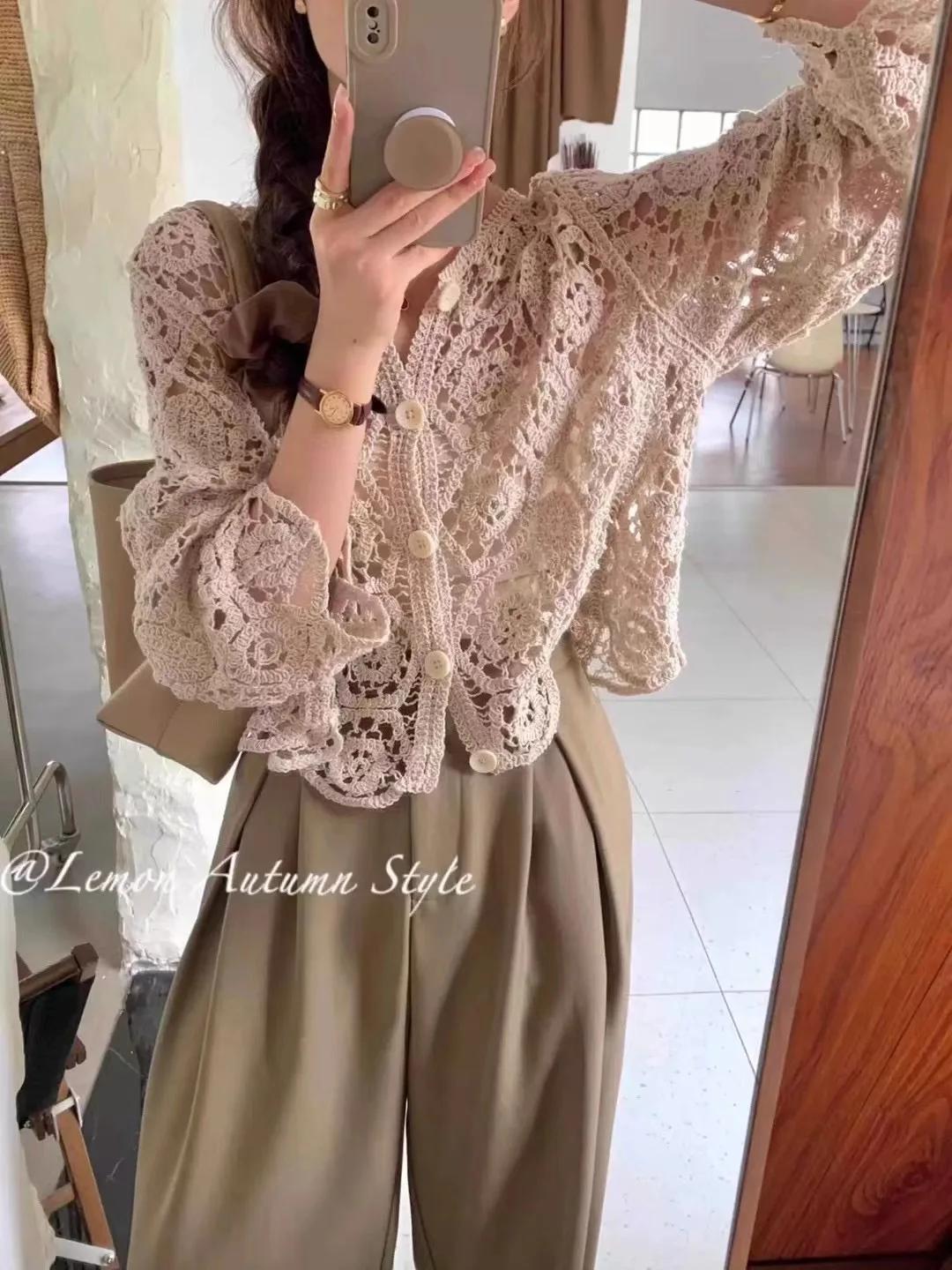 Manches longues Crochet haut en tricot plage Bikini couvrir boutonné Cardigan Blouse femmes blusas p