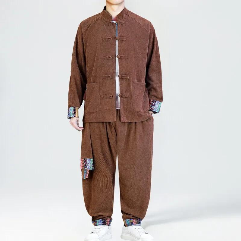 2025 hommes Style chinois rétro Tang costume hommes Patchwork velours côtelé ensemble imprimé Hanfu 