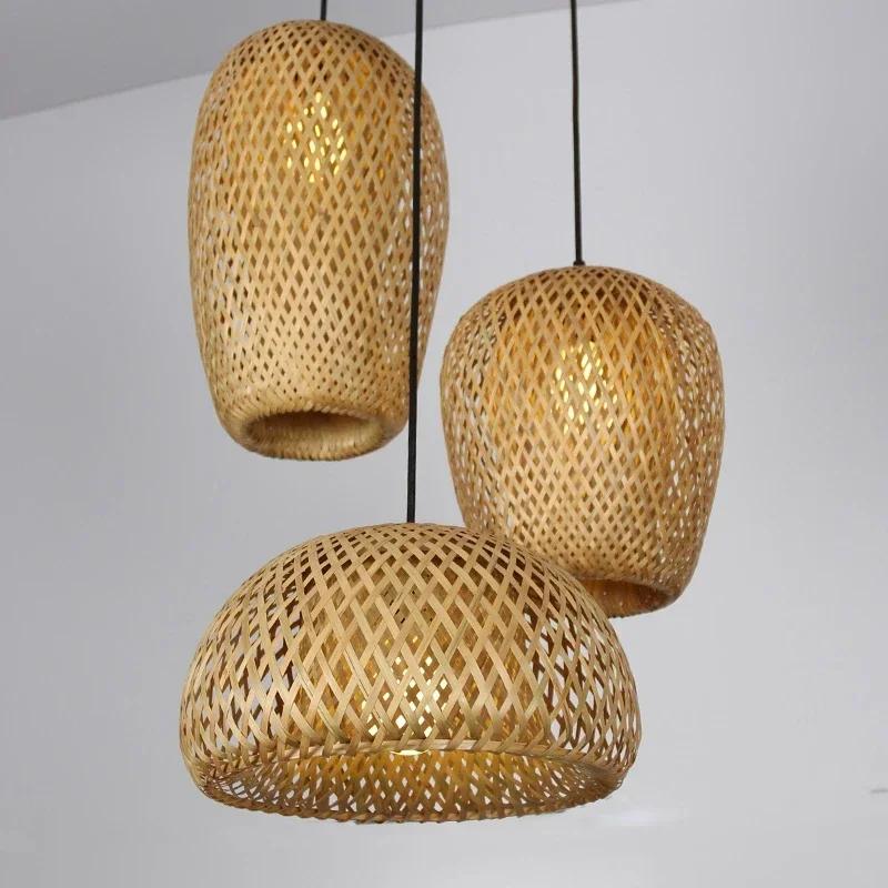 Classique 3 pièces lampes suspendues bambouo en bois E27 lustres éclairage plafonniers salon chambre