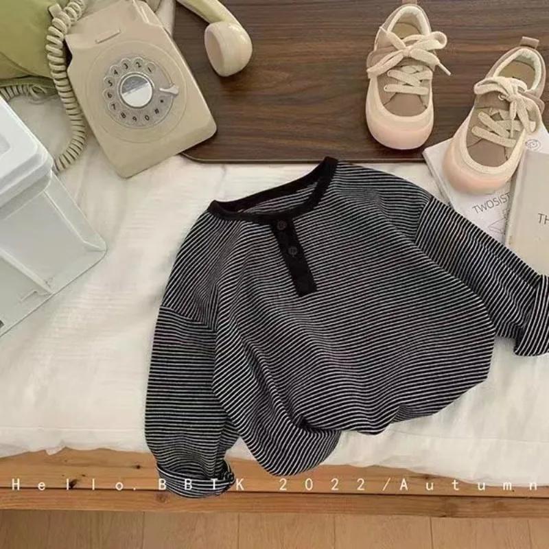 T-shirt rayé coréen à manches longues pour enfants, haut simple pour bébé, chemise chaude pour garço