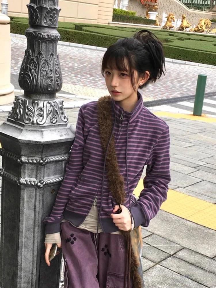 Tonngirls Y2k sweats japonais femmes à manches longues rayé col montant sweat haute rue graphique ma