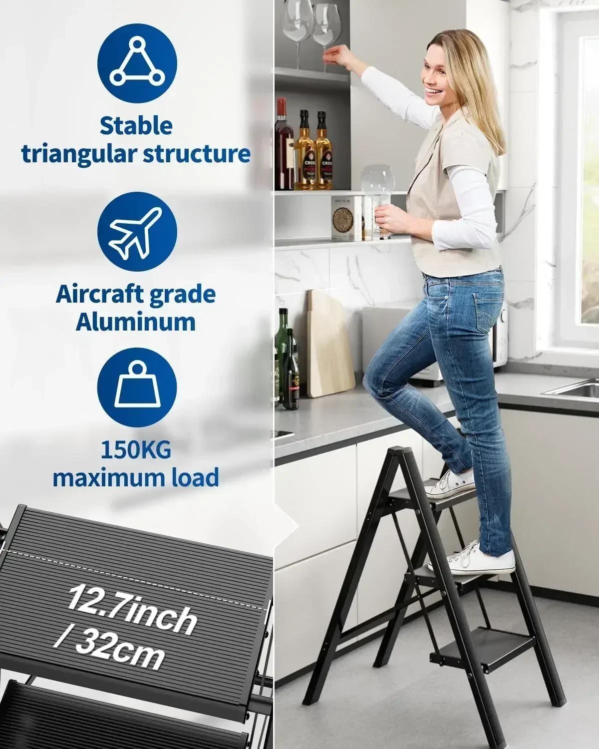 Escabeau Pliant en Aluminium avec Large Pédale Antidérapante, Escabeau Portable, observateur, Argent
