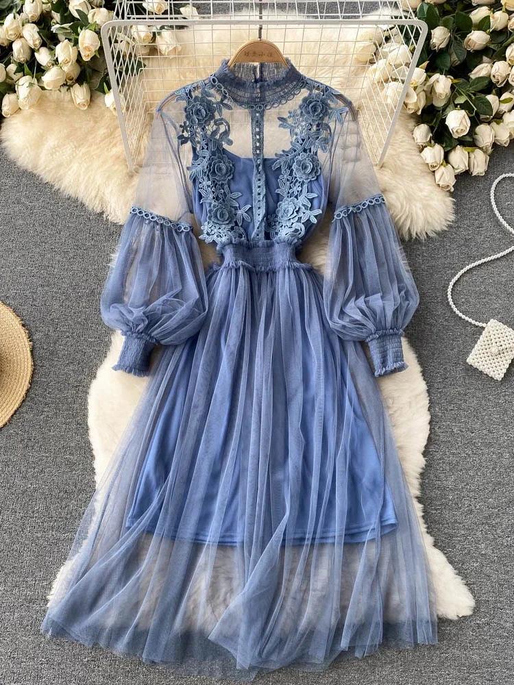 Robe tridimensionnelle pour femmes, crochet à fleurs, maille, tempérament, col montant, manches lant