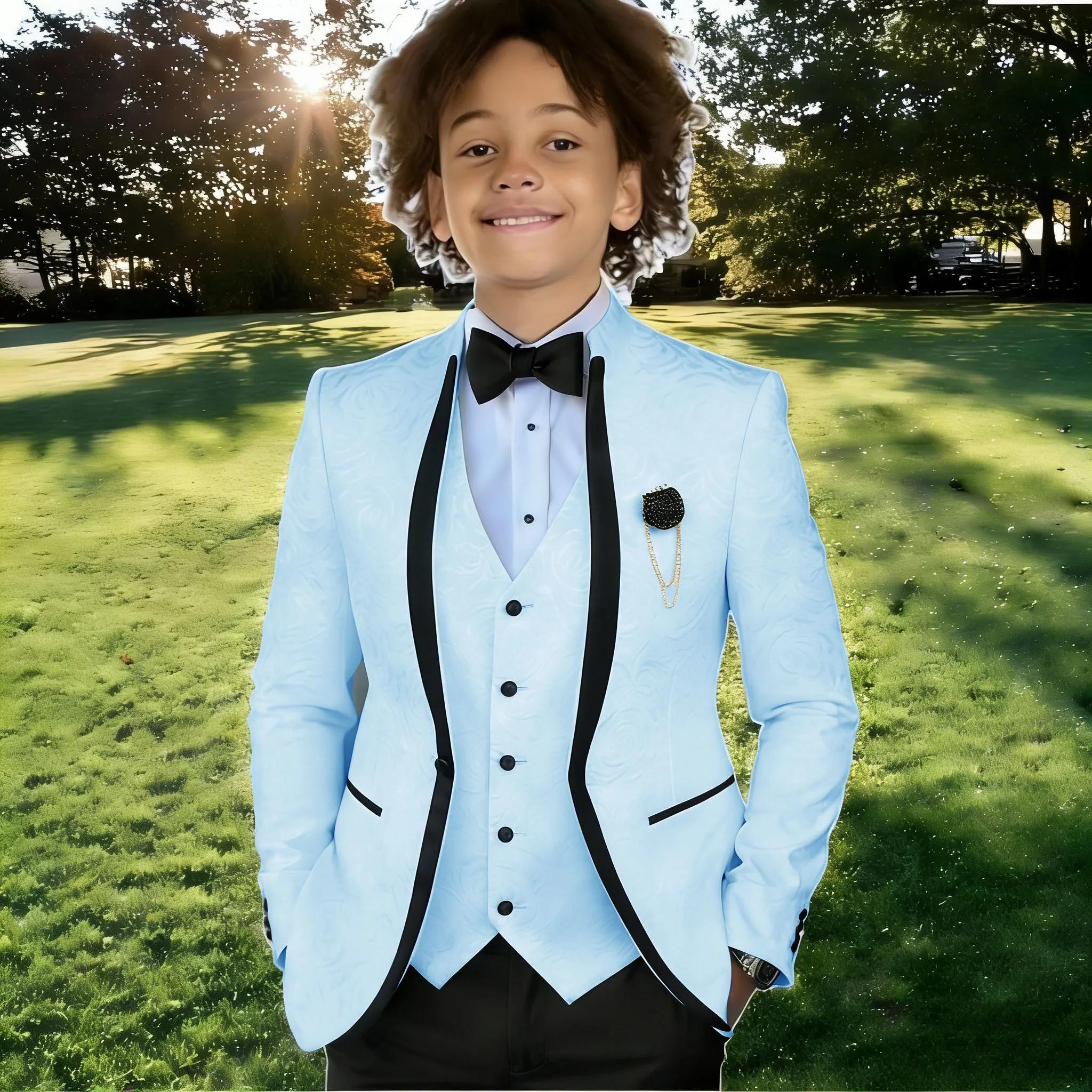 Costume Jacquard Blanc pour Garçon, Tenue de Cérémonie pour Mariage, Smoking à Col Montant, Vêtement