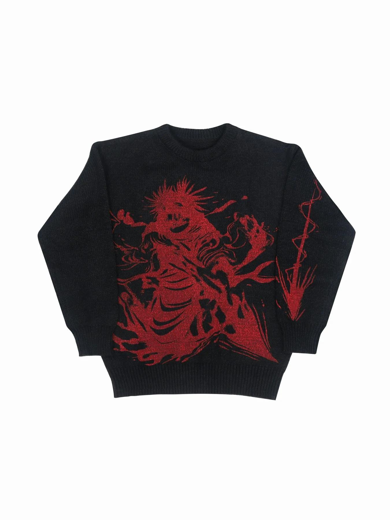 Pull en tricot graphique noir et rouge pour hommes, col rond, surdimensionné, décontracté, manches l