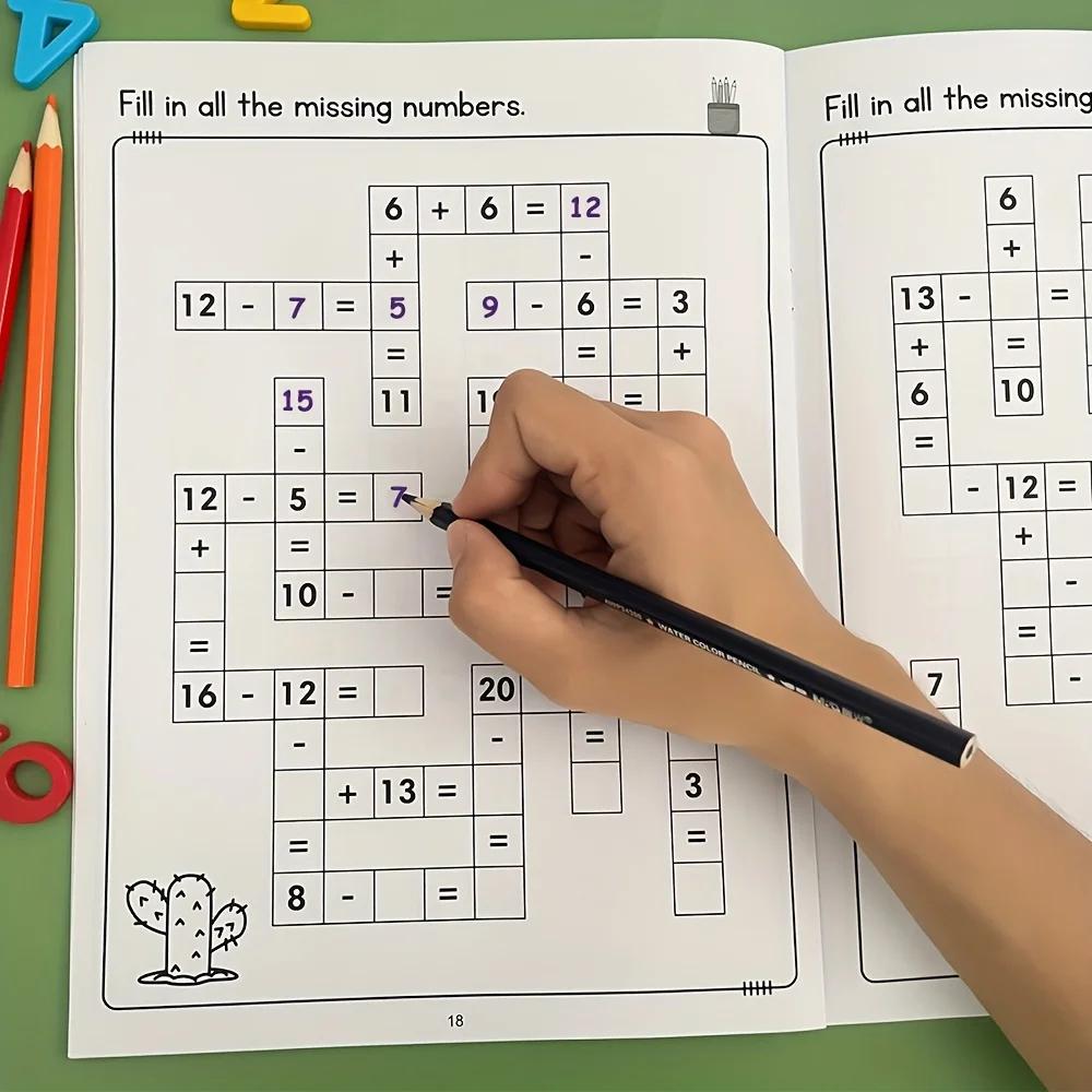 Livre de puzzle de mots croisés mathématiques pour enfants, pratique de l'addition et de soustractio