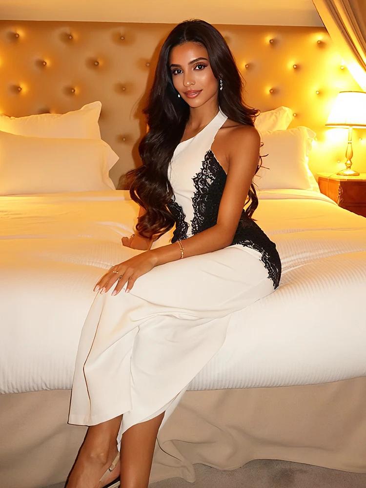 Kliou dentelle Patchwork longues robes femme licou col rond épaules nues dos nu Robe minuit bal fête