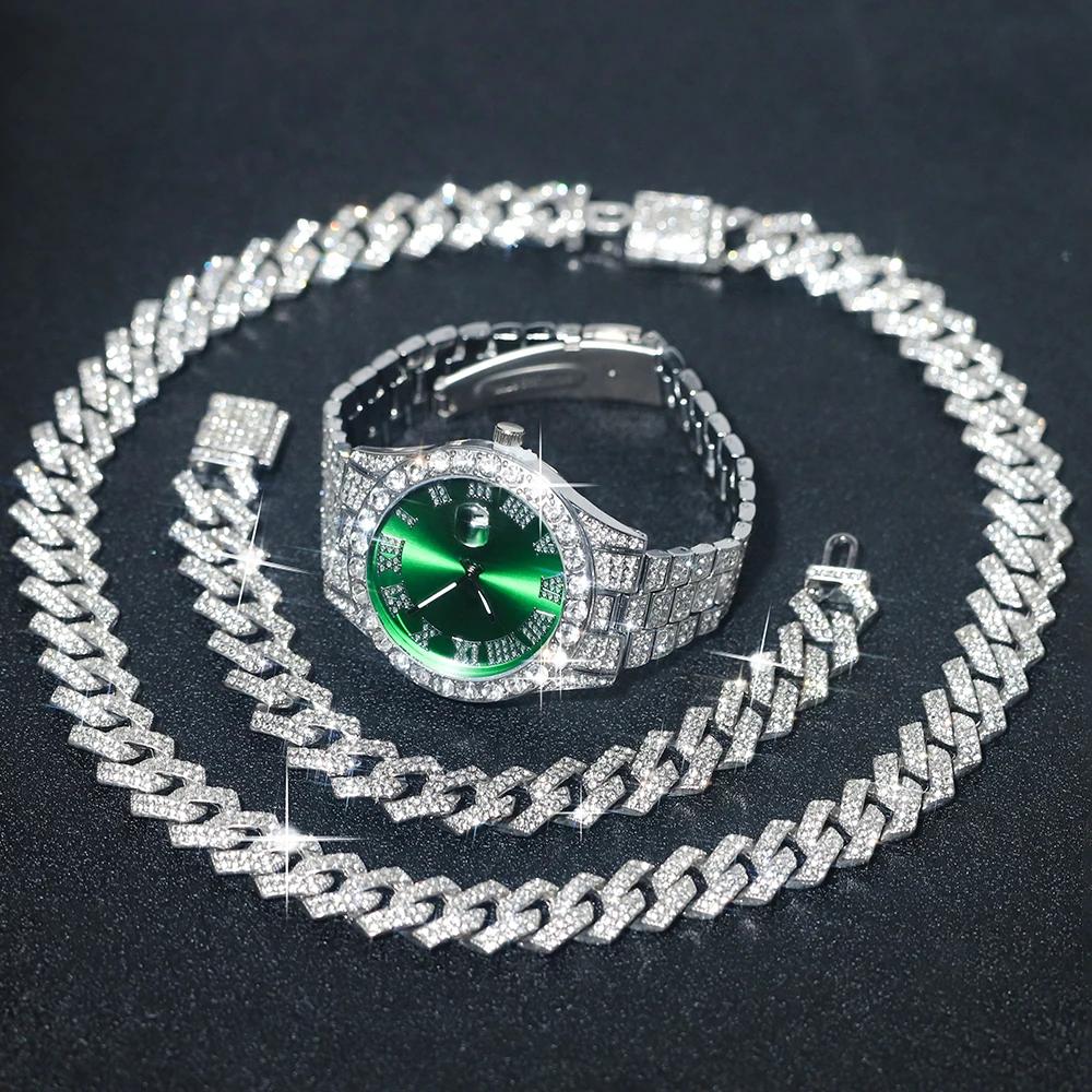 Ensemble de montres en argent pour hommes, 3 pièces, Hip-hop Punk incrusté de diamants + chaîne cuba