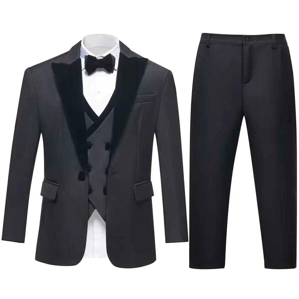 Ensemble de smoking élégant 4 pièces noir pour garçon : blazer, gilet, pantalon – Tenue de cérémonie