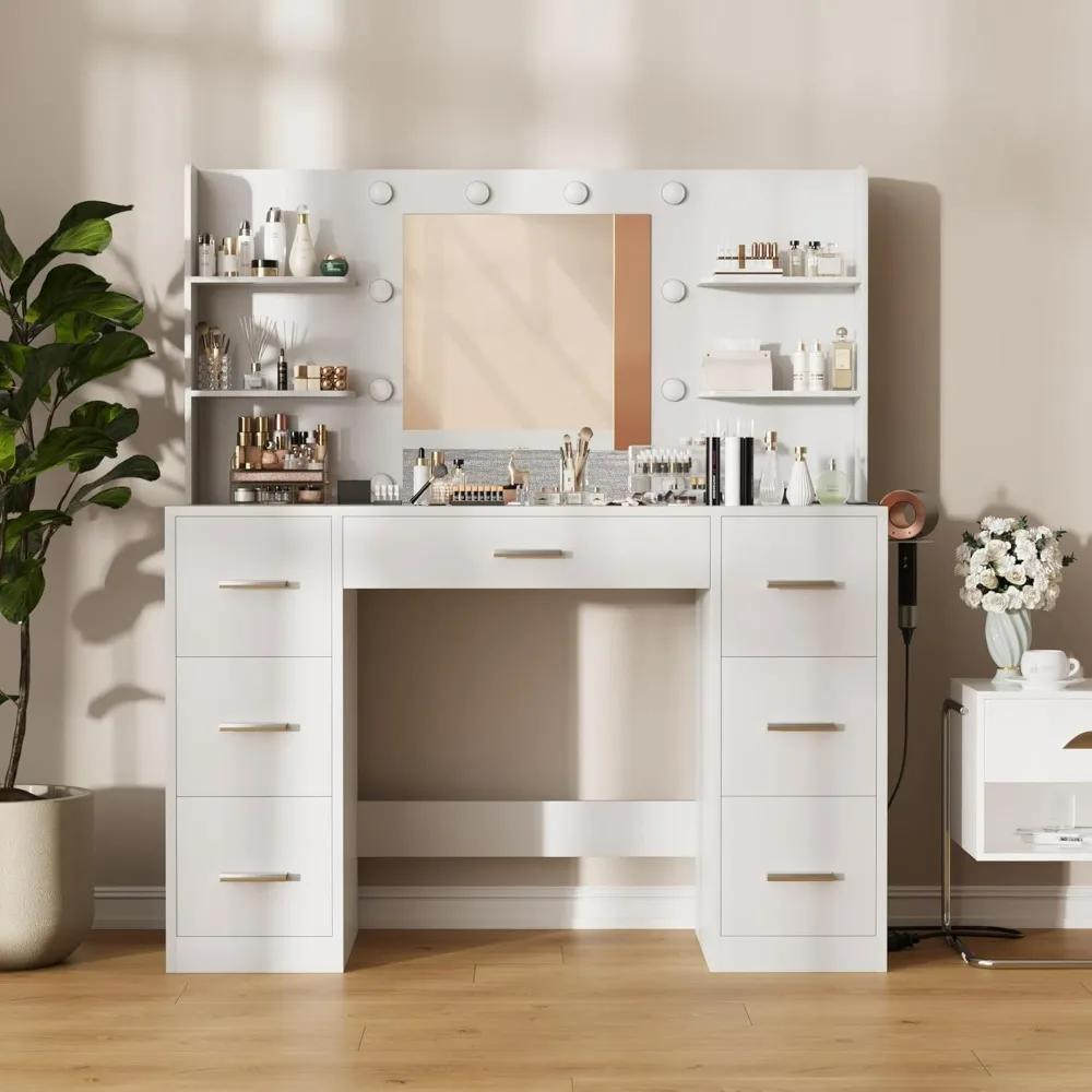 Furmax Vanity Desk avec miroir LED lumières prise de courant maquillage vanité Table 7 tiroirs 6 éta