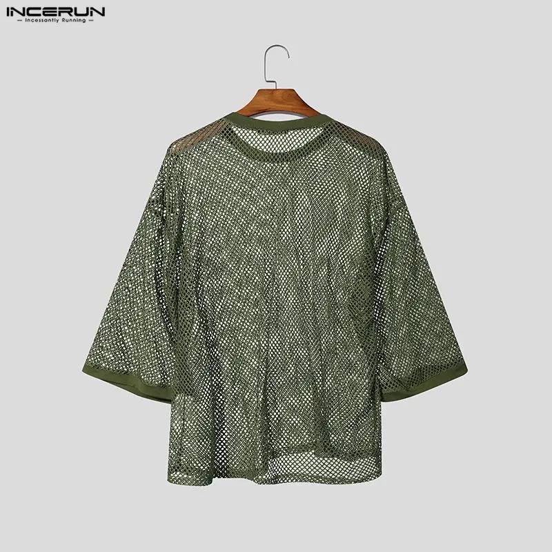 INCERUN T-shirt Homme Uni en Maille Transparente Sexy Oversize Vêtements Streetwear 2026 Manches 3/4