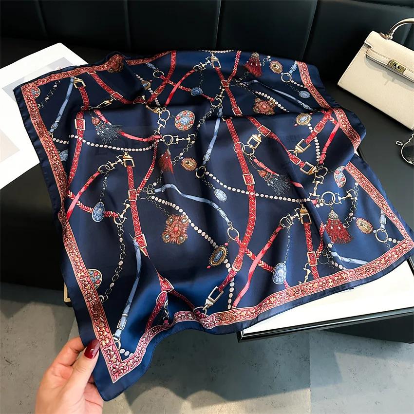 Petite écharpe carrée imprimée chaîne de luxe, fausse soie, foulard de cou fin, mode protection sola