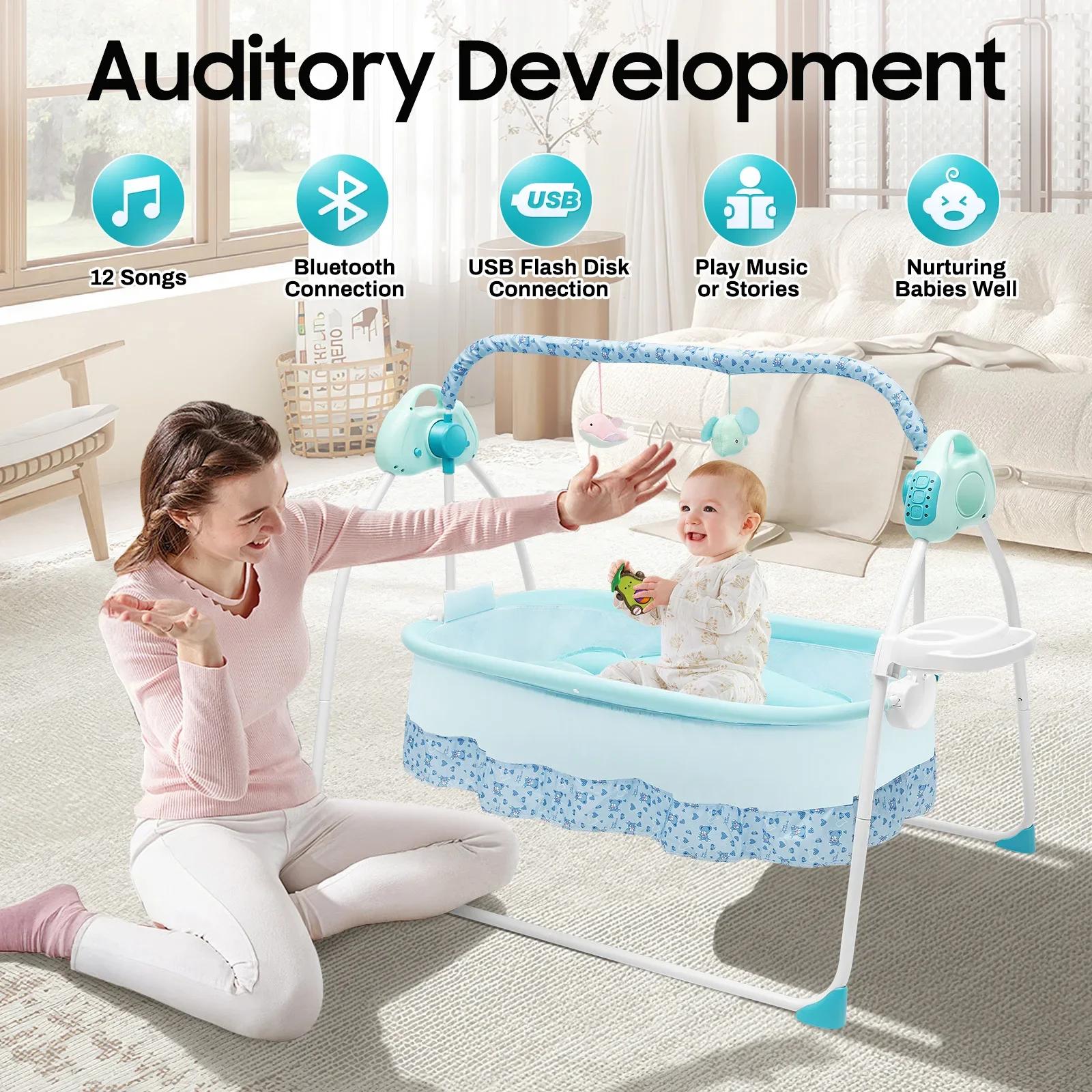 Balançoire électrique pour bébé, avec 12 chansons, Bluetooth, USB, 5 vitesses de balançoire, pour no