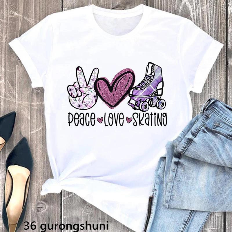 Aquarelle paix amour patinage graphique impression T-Shirt filles passionné de patinage à roulettes 