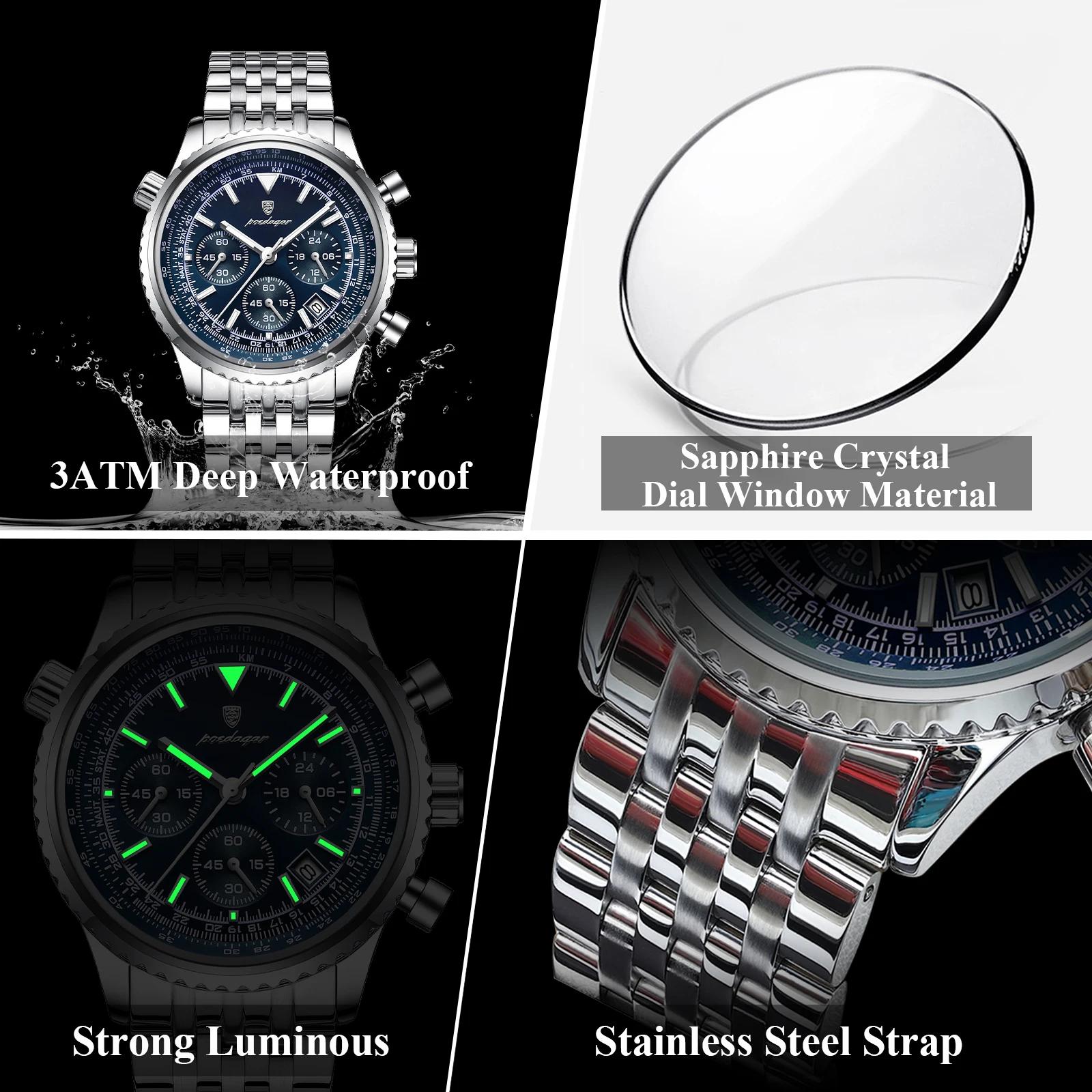 POEDAGAR mode militaire hommes montres étanche lumineux Date chronographe homme montre en acier inox