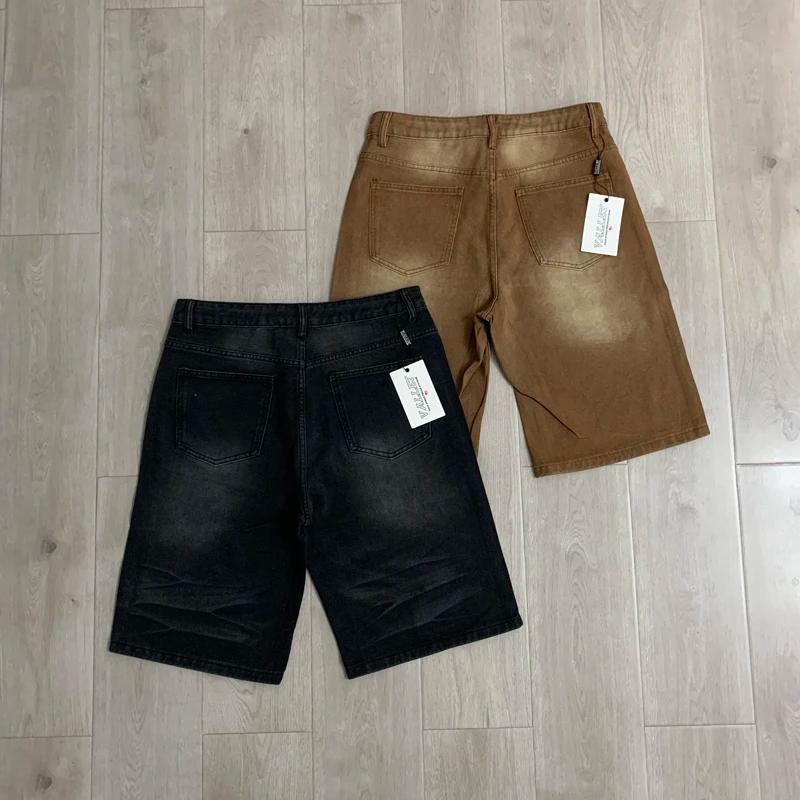 Shorts en jean unisexe avec patch brodé VALLEY en strass colorés, coupe droite ample, haute qualité