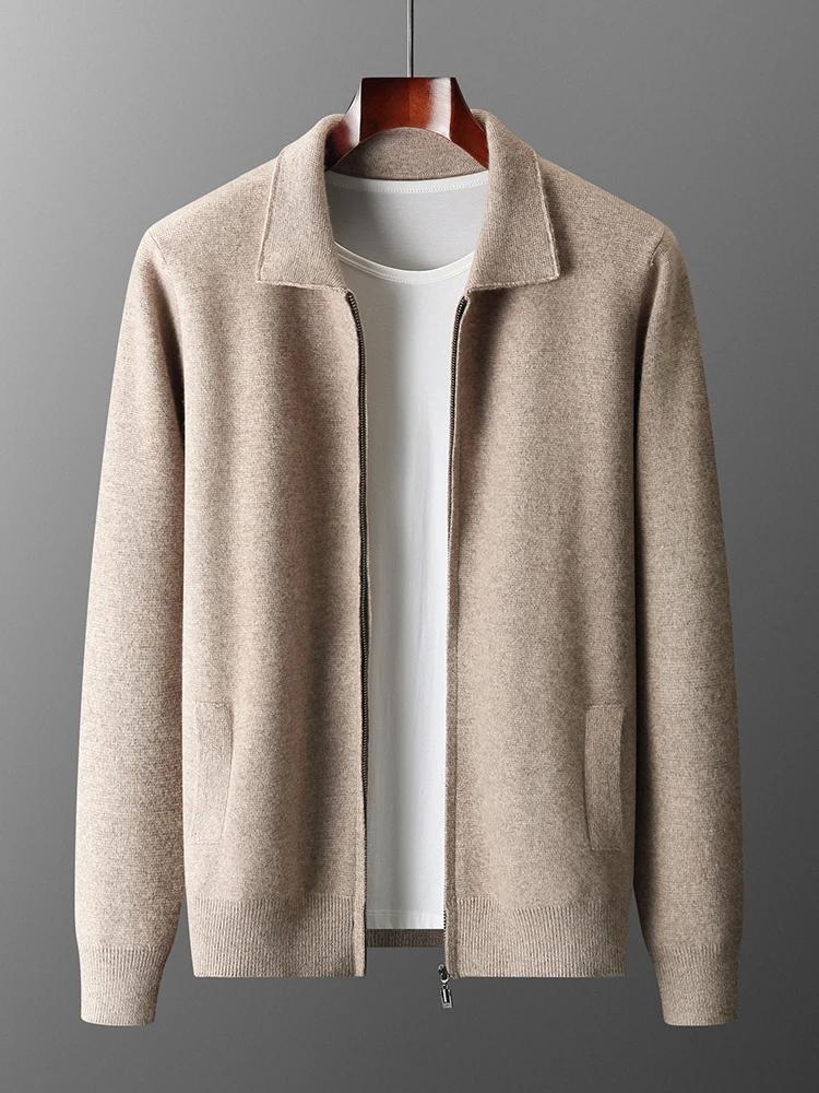 Pull à col rabattu en laine mérinos pour hommes avec fermeture éclair, manteau cardigan, tricots en 